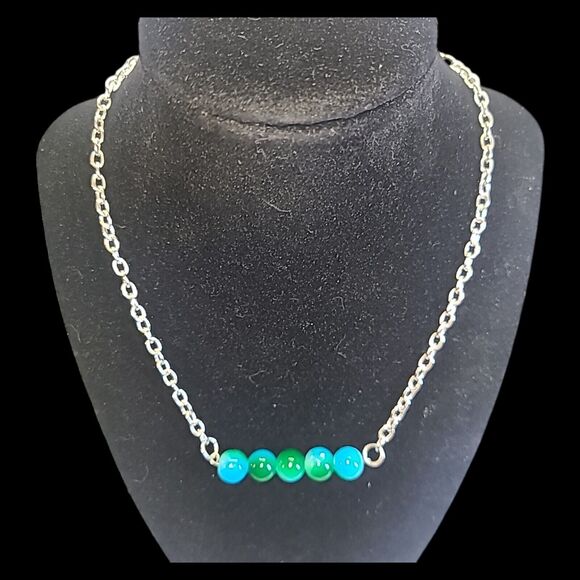 Handmade Blue &‎ Green Glass Ball Bar Charm Silver Tone Chain Necklace 16-19" - Picture 6 of 7